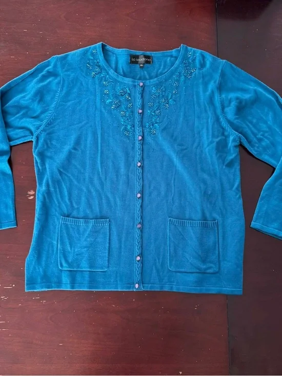La Madona Teal Beaded Floral Embellished Cardigan Sweater Grandmacore Preppy - Picture 2 of 4